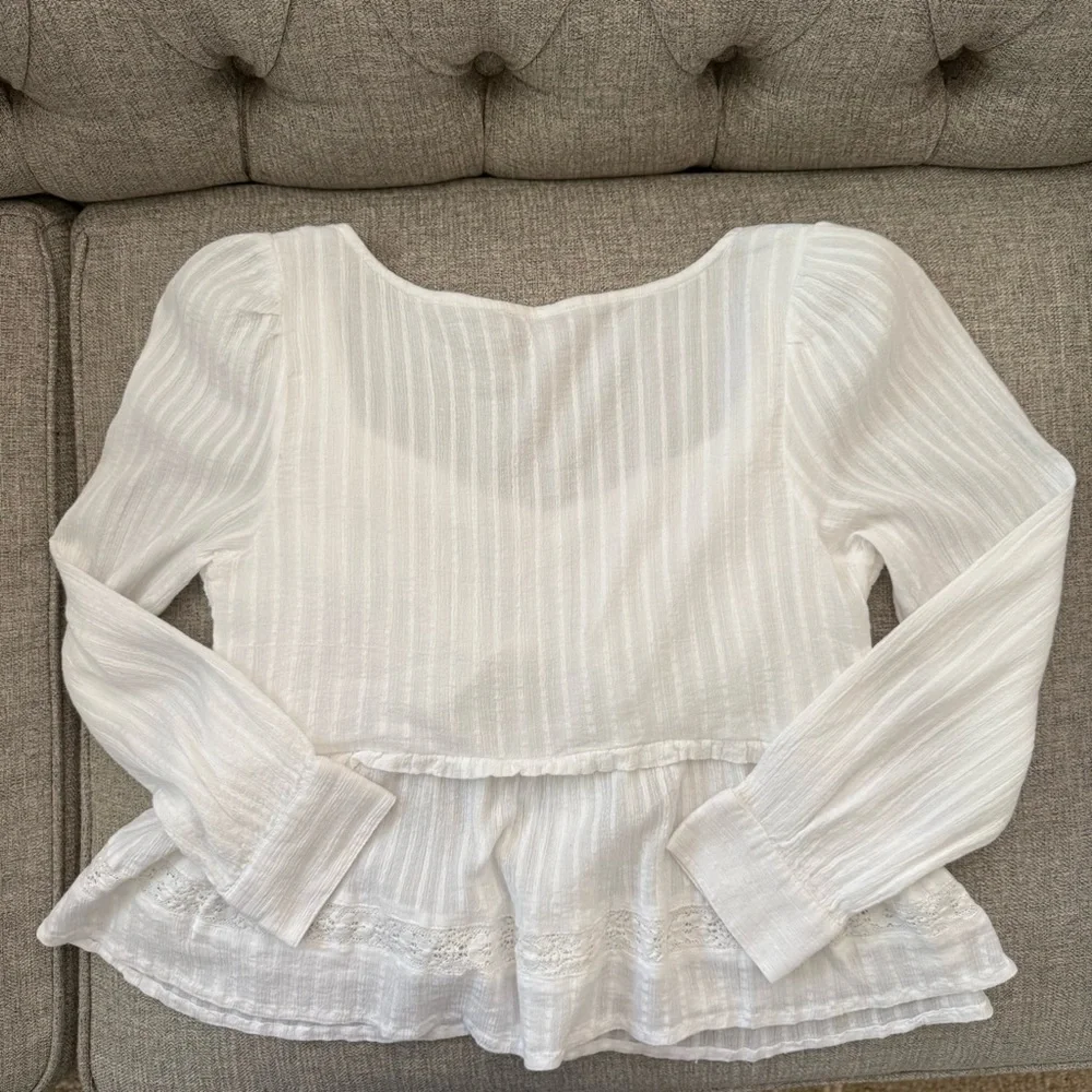 White Coquette Bohemian Lacey Sweetheart Neckline Long Sleeve Blouse - Picture 2 of 6